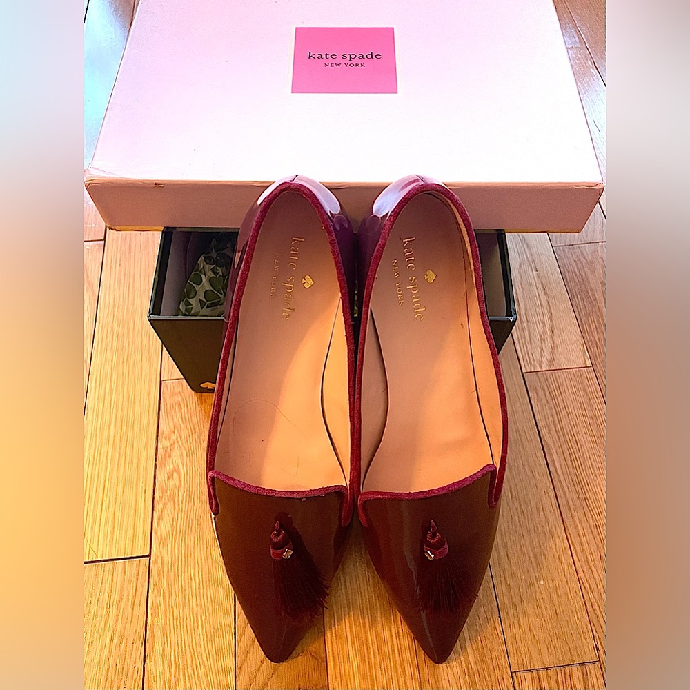 Kate Spade Madyson Cherrywood Patent Leather Tasseled Flats, almost new in box